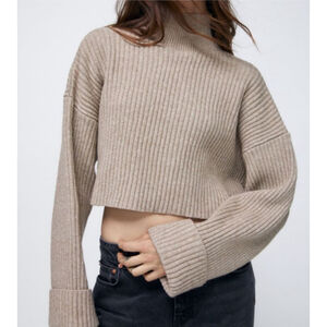 ZARA Ribbed Oversized Crop Length Cuffed Sleeved Mock Neck Sweater in Taupe